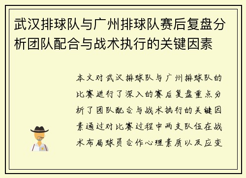 武汉排球队与广州排球队赛后复盘分析团队配合与战术执行的关键因素